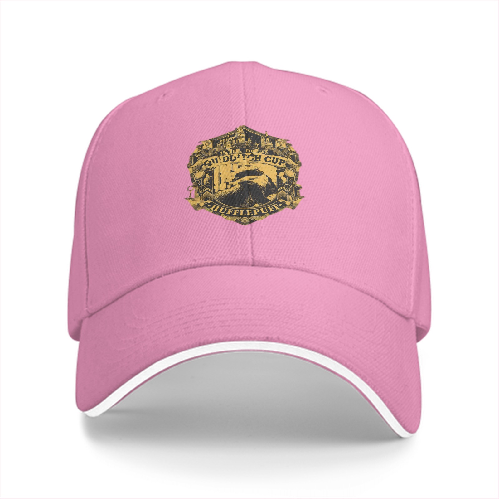 Black baseball cap with Hufflepuff Quidditch Cup crest design