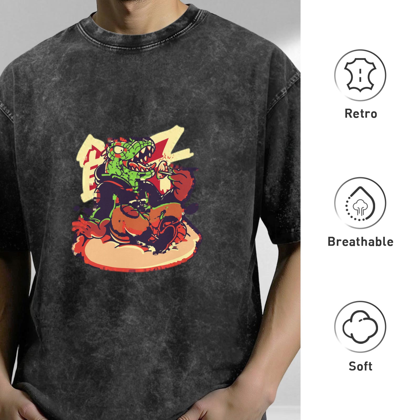 Oversized Acid Wash T-Shirt With Cartoon Crocodile Eating Burger Graphic
