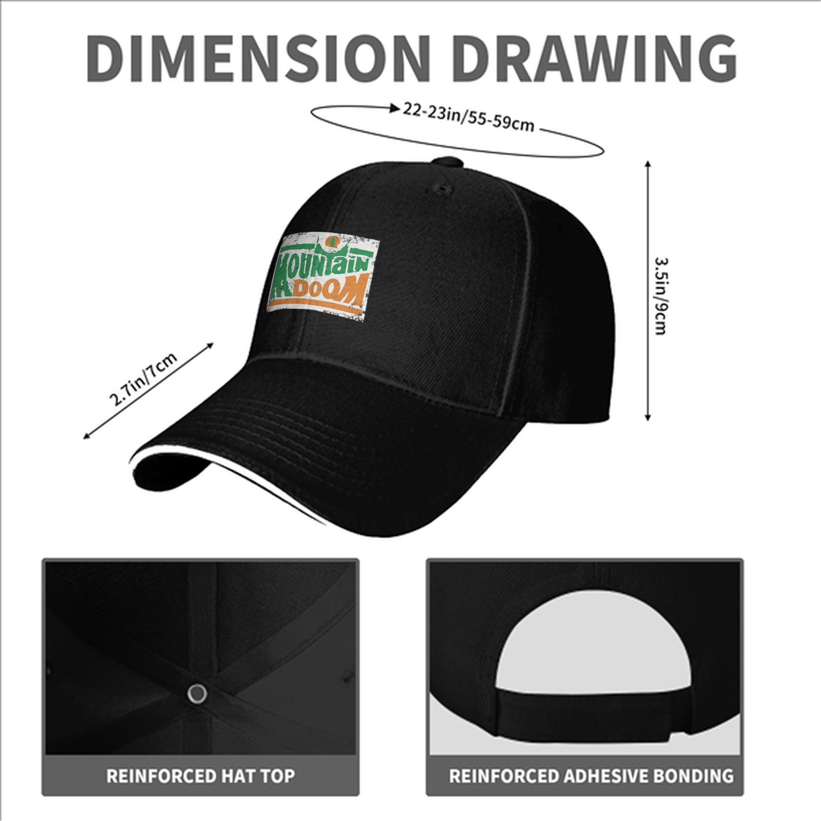 Black baseball cap with Mountain Doom distressed graphic print