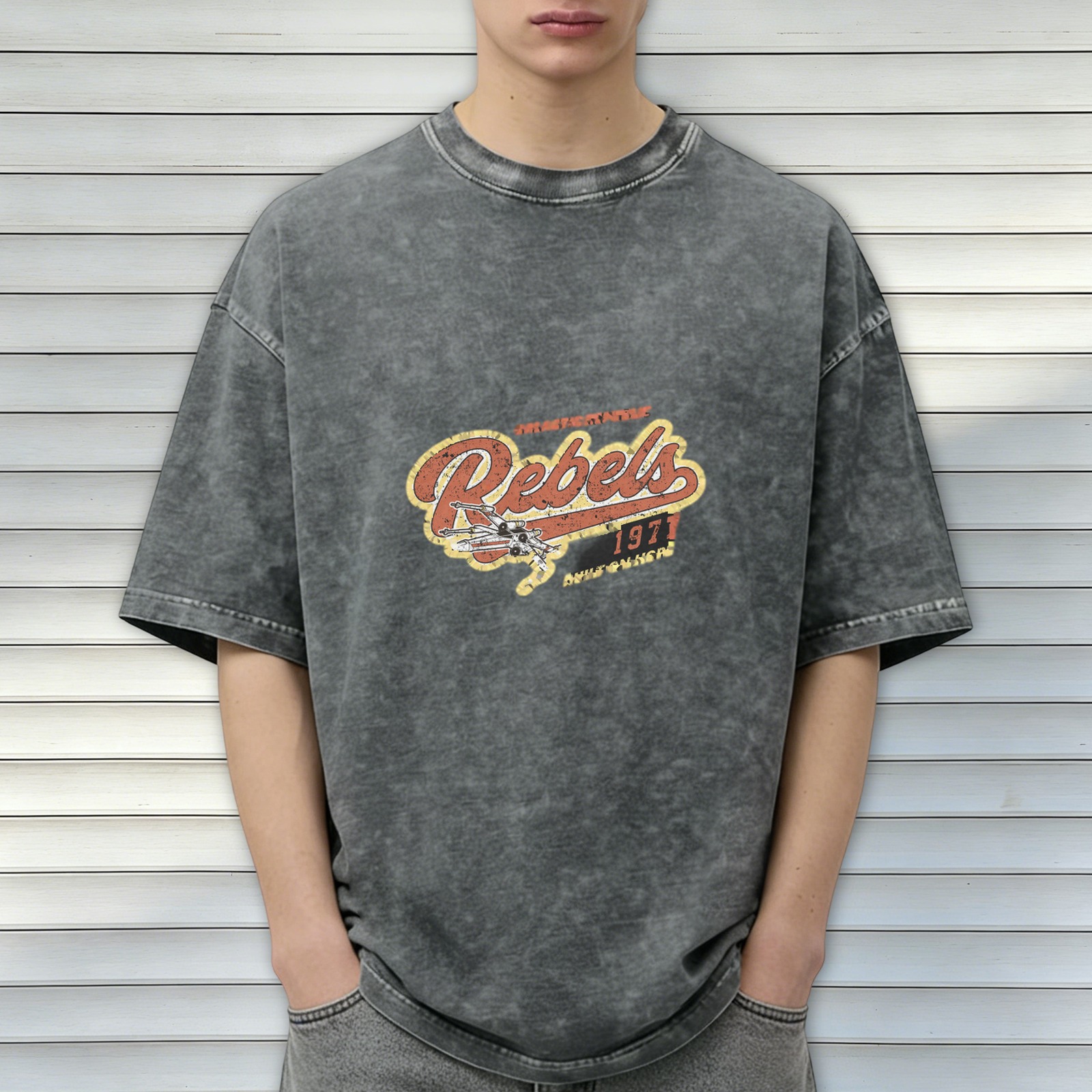 Distressed washed black Rebels theme printed loose short-sleeved T-shirt