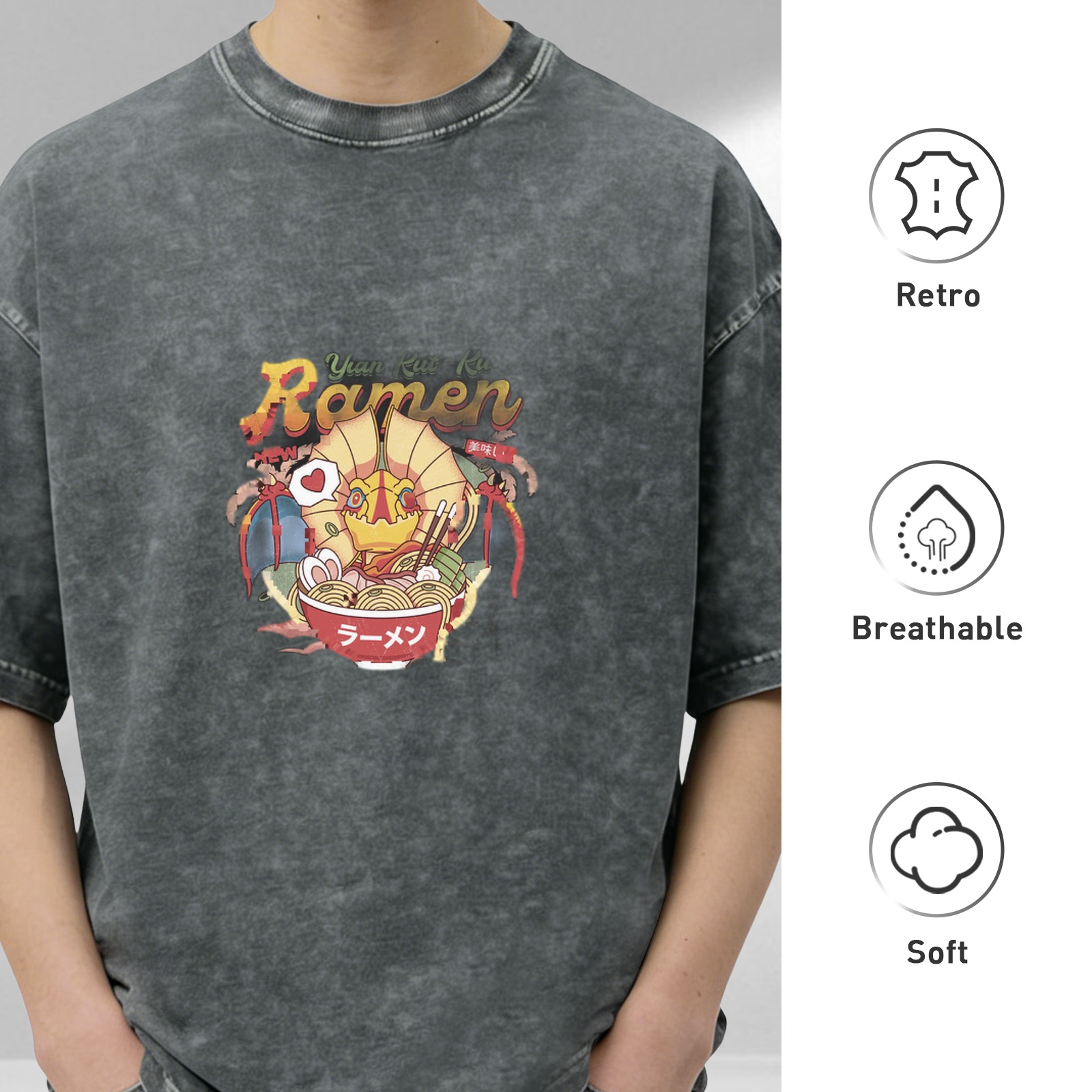 Oversized Acid Wash T-Shirt with Ramen Anime Graphic