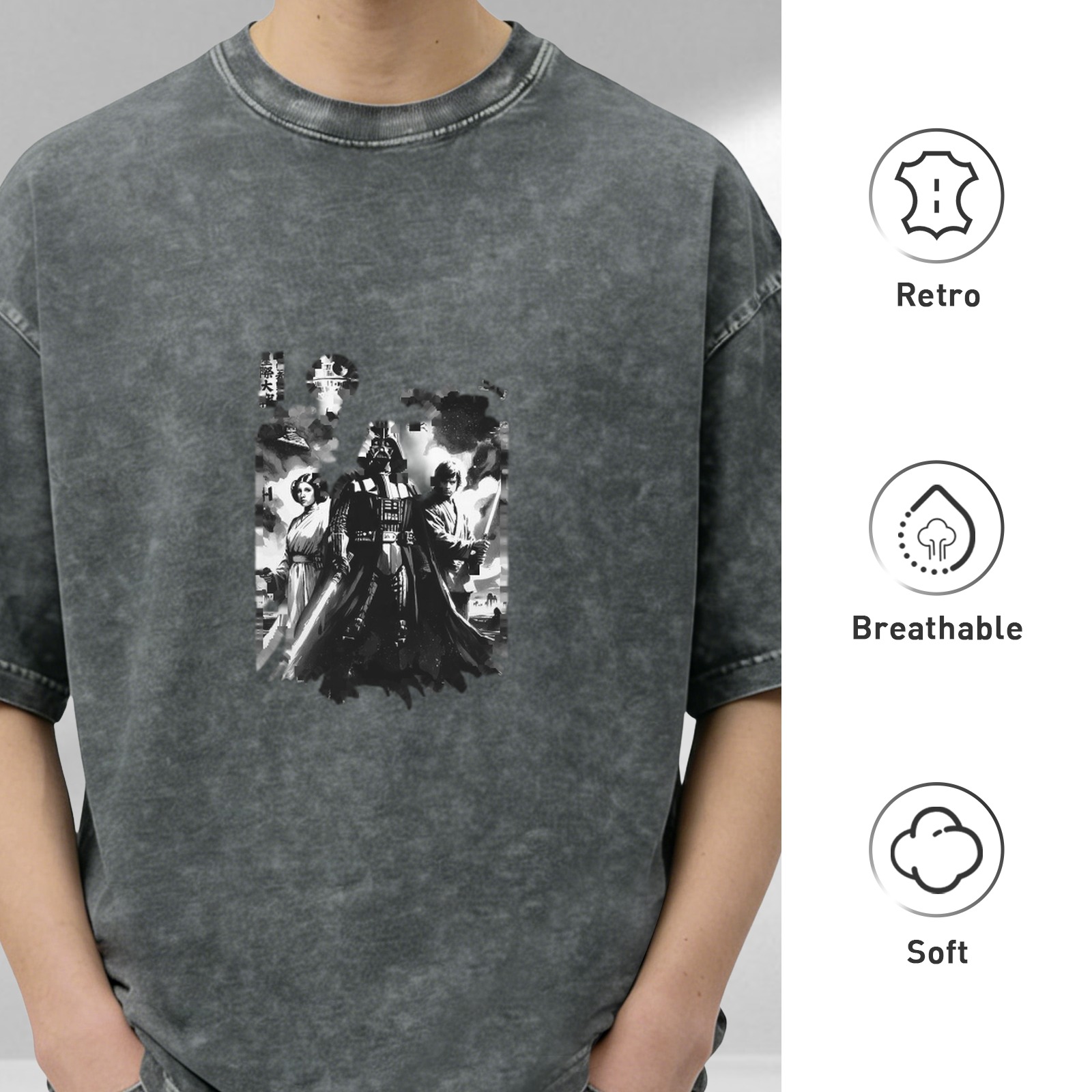 Star Wars Themed Vintage Wash T-Shirt featuring Darth Vader, Princess Leia and Luke Skywalker Graphic