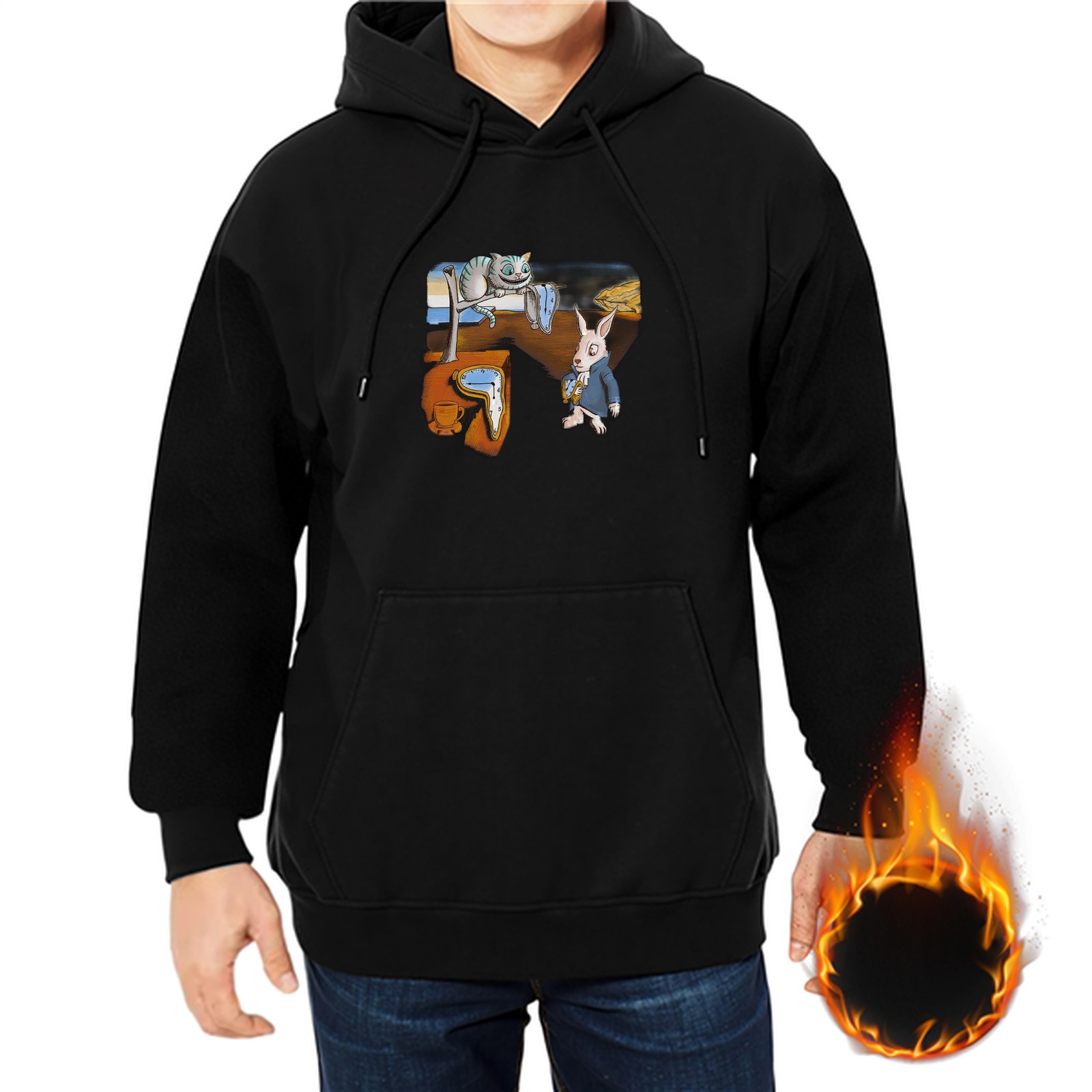 Black Hoodie with Alice in Wonderland Cheshire Cat and Rabbit Art
