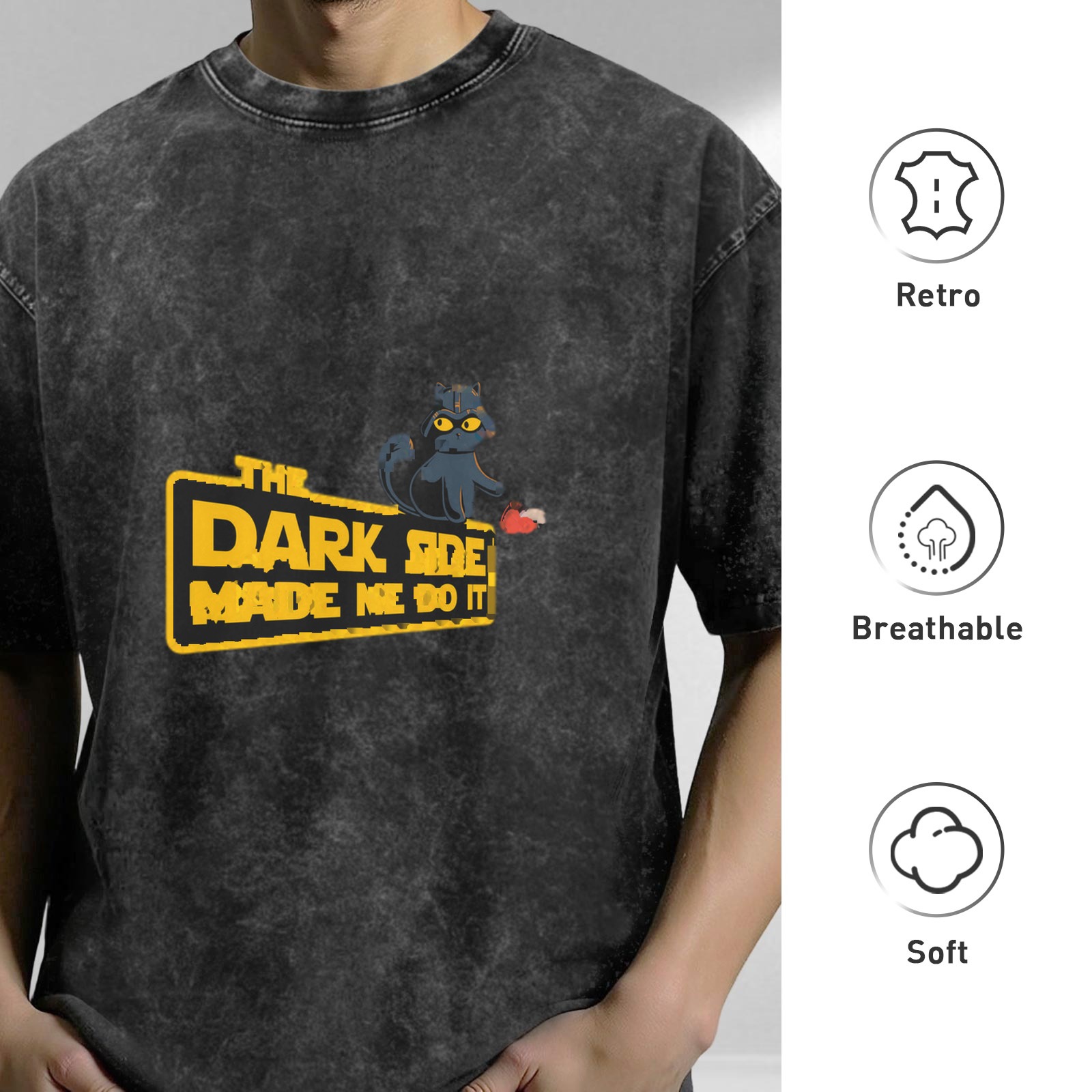 Oversized Acid-Wash T-Shirt with 'The Dark Side Made Me Do It' Cat Graphic Print