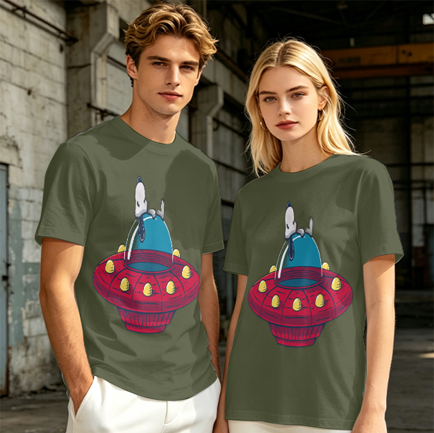 Olive T-Shirt Featuring Snoopy Relaxing in a Red UFO
