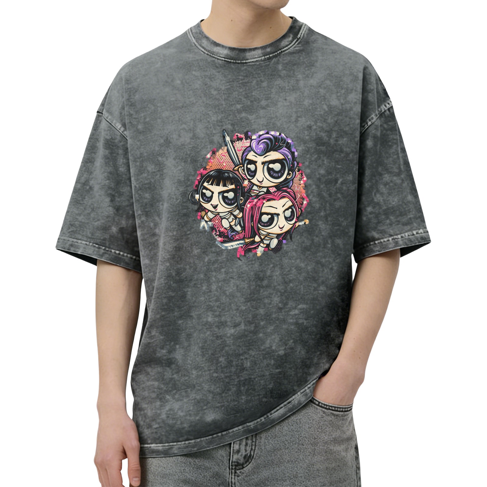 Distressed washed black cartoon print short-sleeved T-shirt