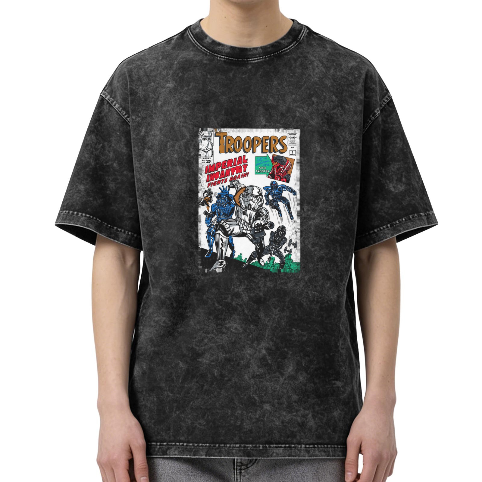 Washed Black T-Shirt with Retro Troopers Imperial Infantry Comic Print