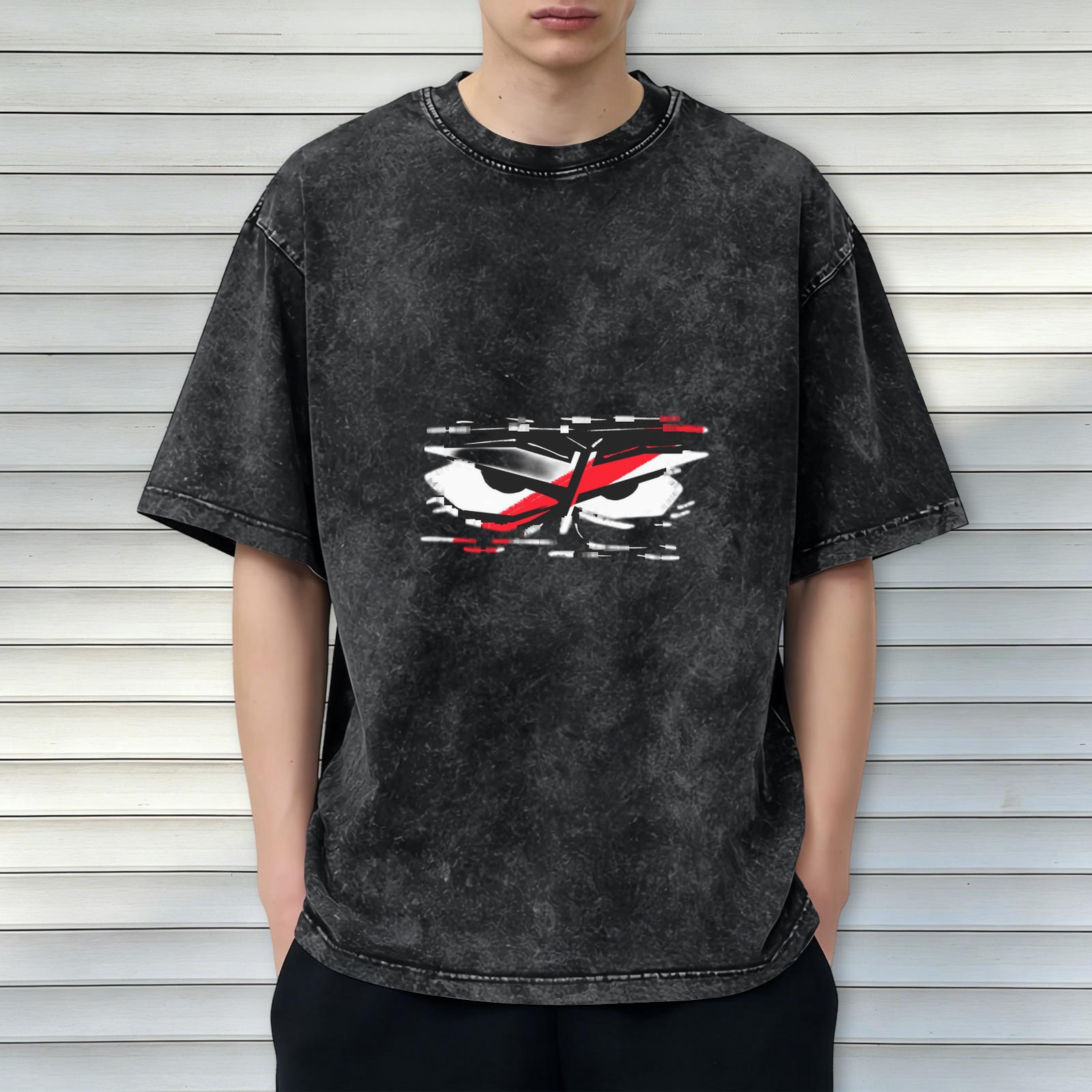 Washed Black T-Shirt With Glitchy Angry Eyes Graphic