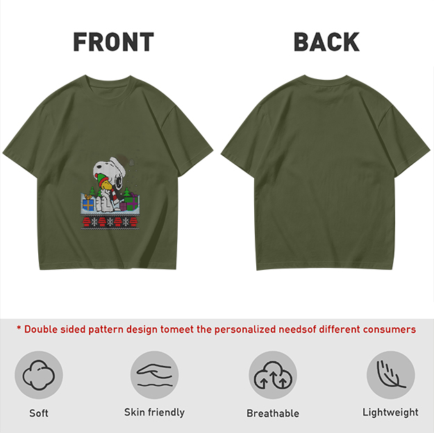 Olive Christmas Snoopy and Woodstock Graphic T-Shirt
