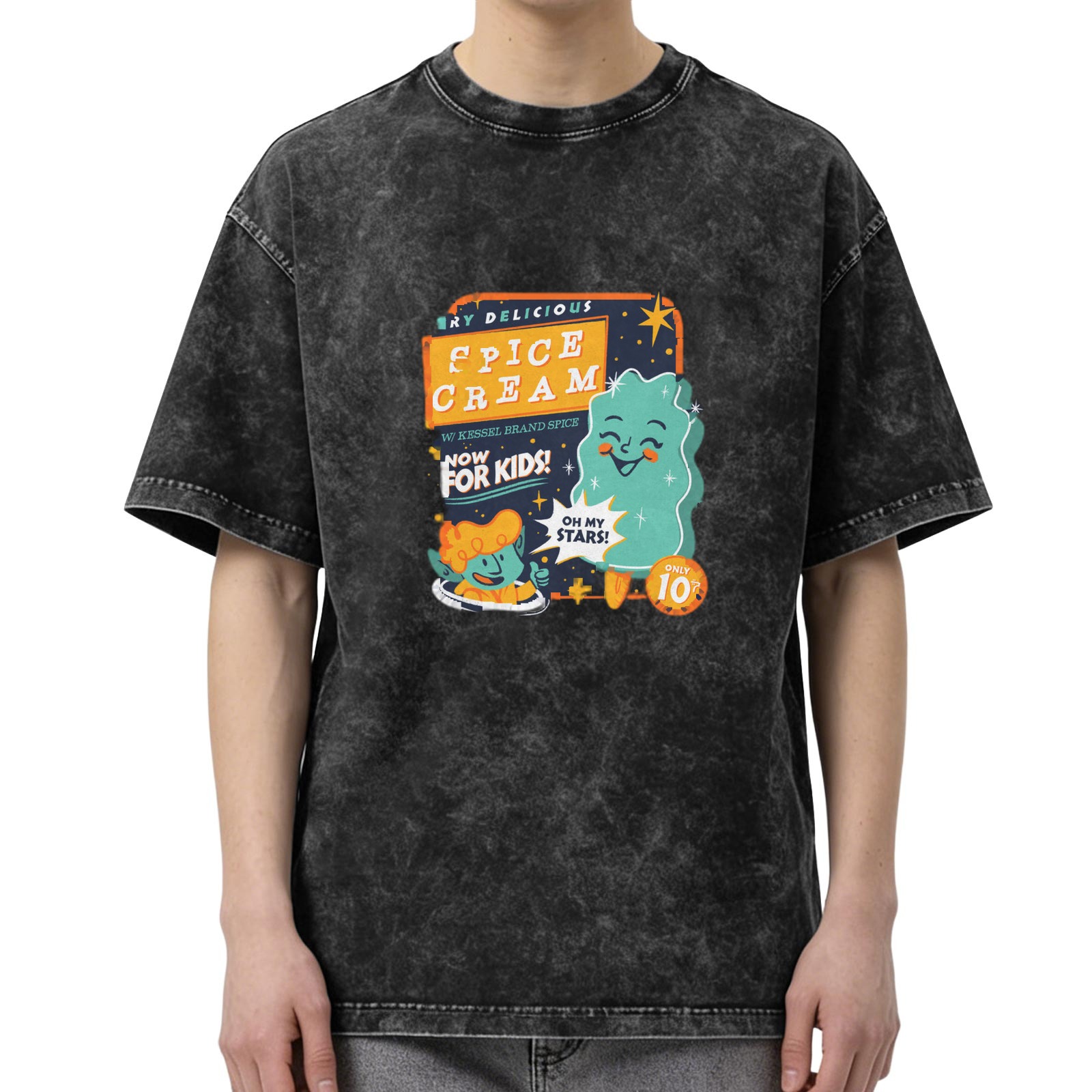 acid wash black t-shirt with retro space spice cream kids graphic