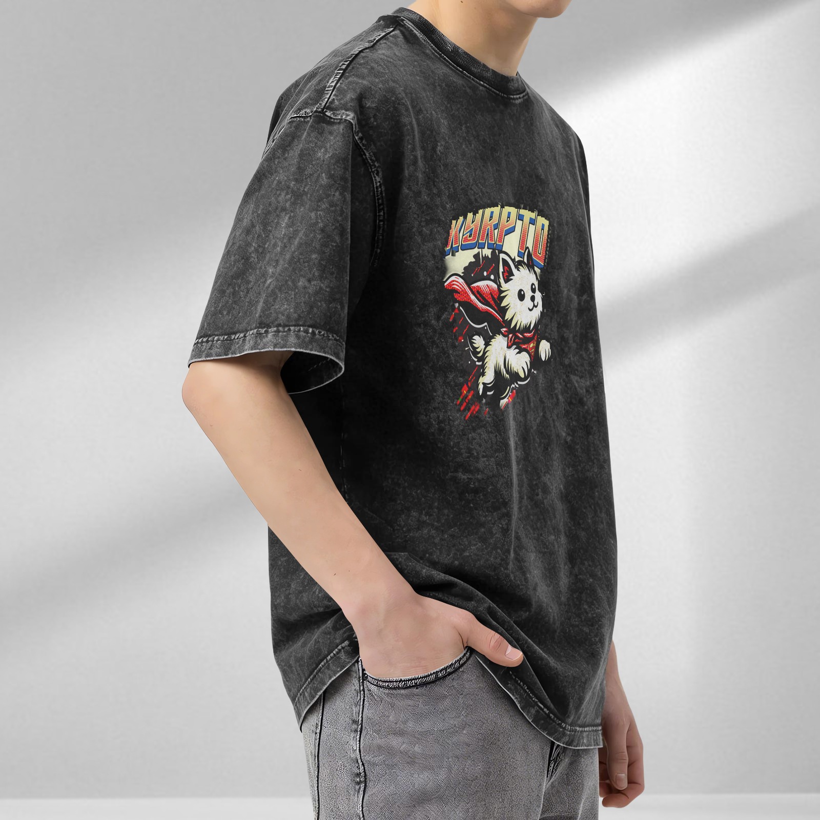 Washed Black Oversized T-Shirt with Superhero Flying Puppy Graphic