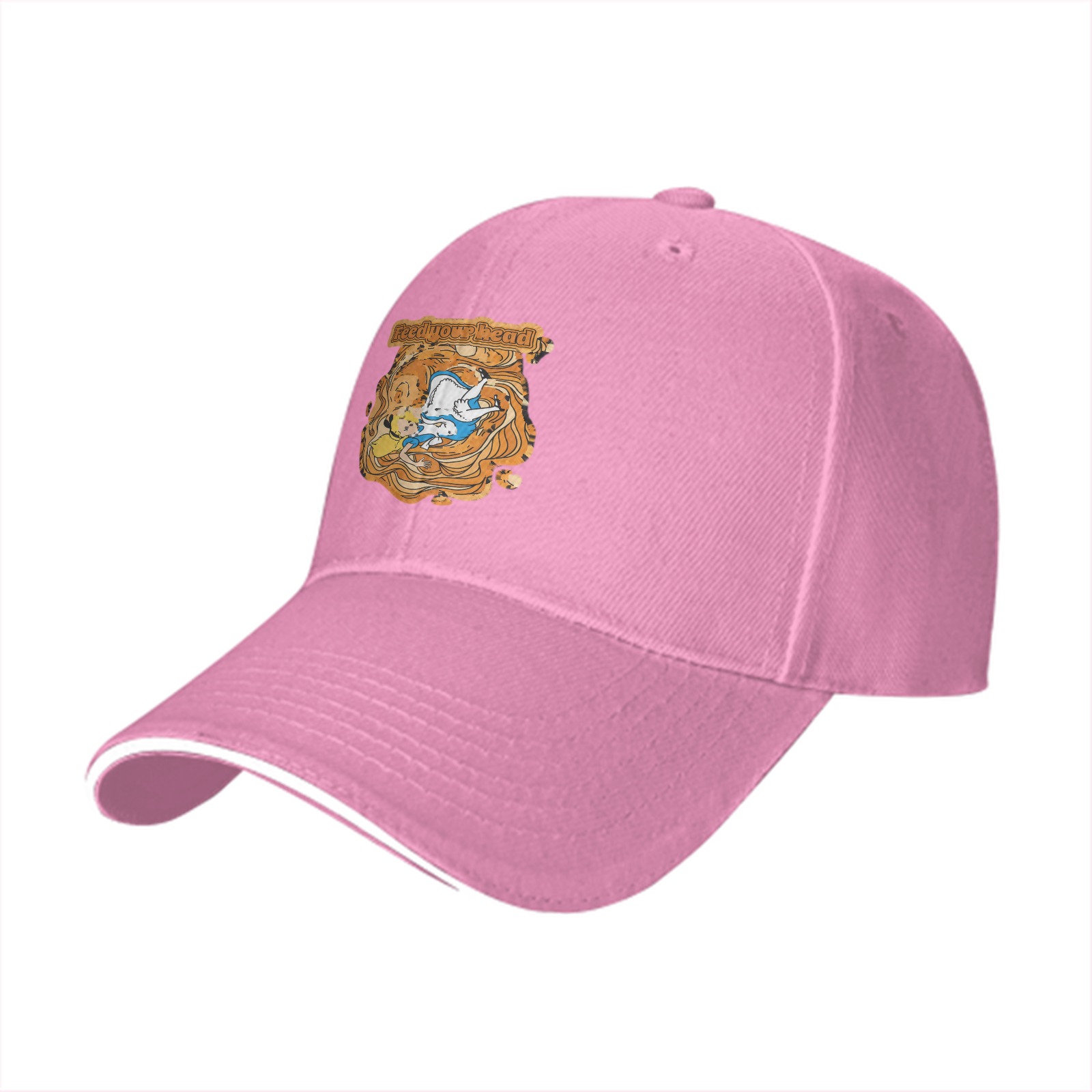 Black baseball cap with whimsical illustrated character design