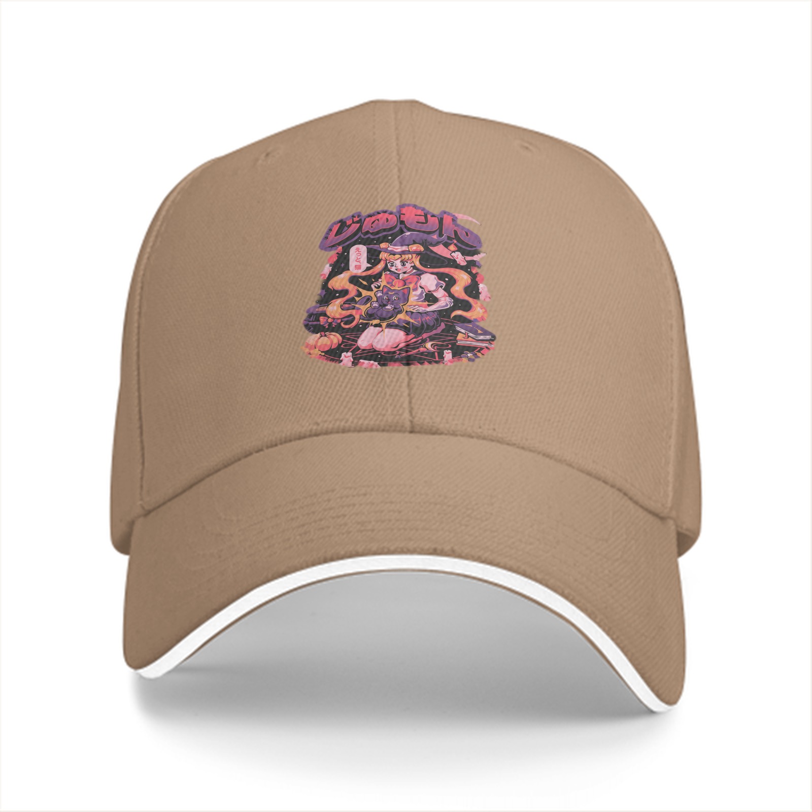 Black baseball cap with anime witch graphic print
