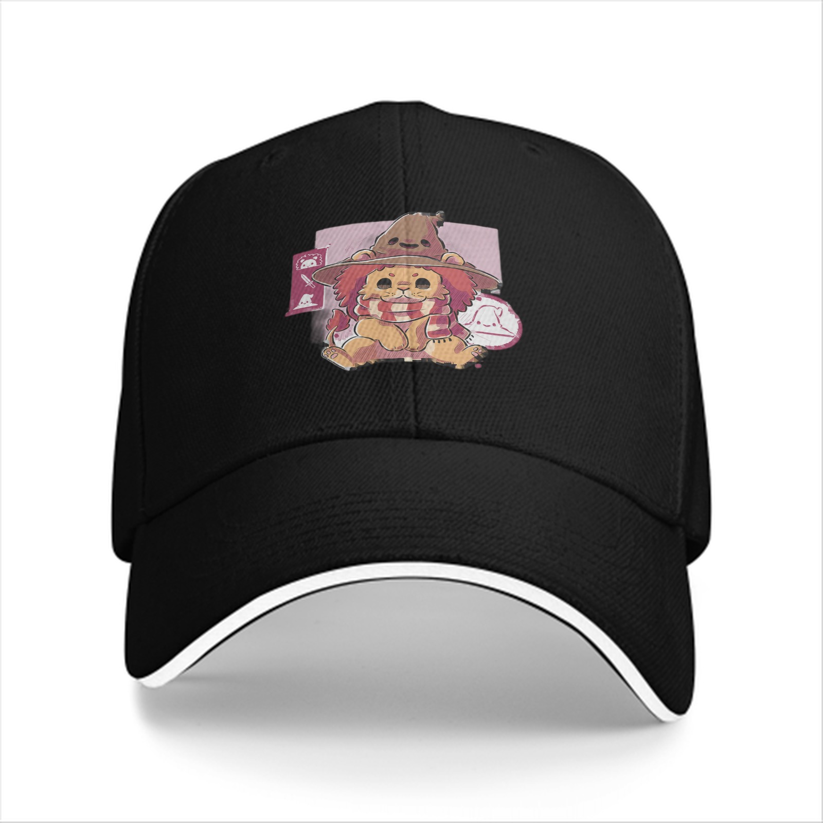 Black Baseball Cap With Cute Witch Lion Graphic Print
