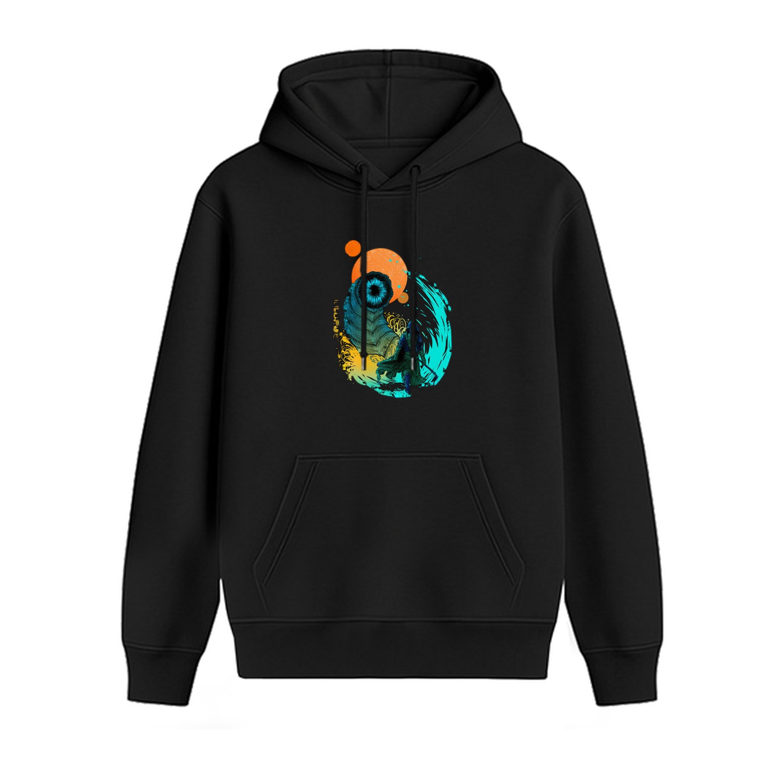 Black Hoodie With Abstract Eye And Celestial Graphic Print