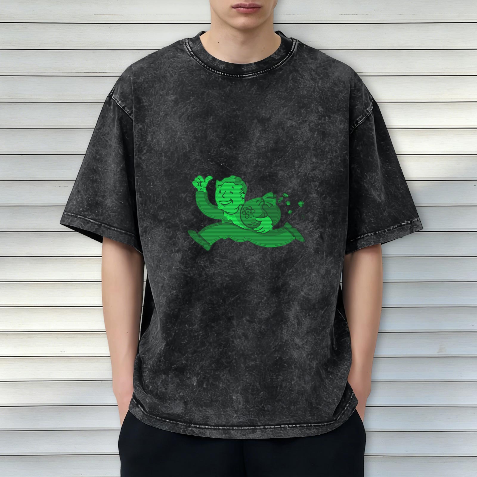 Oversized acid wash t-shirt with green Vault Boy running graphic