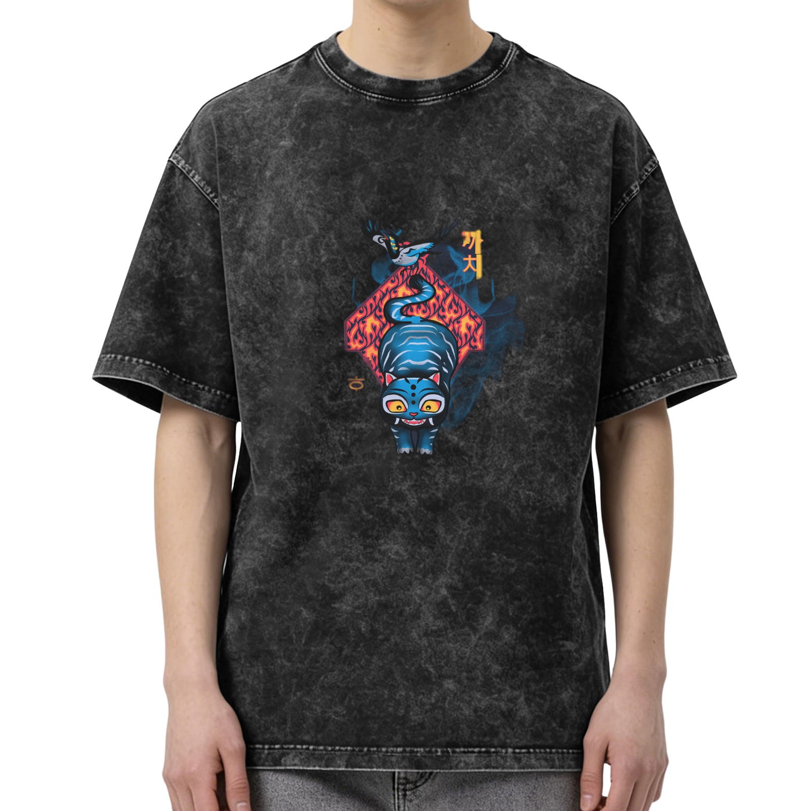 Washed black graphic t-shirt with blue mythical cat and flame design