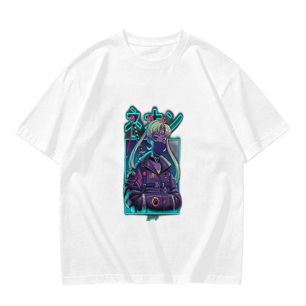 Olive T-shirt with cyberpunk anime character graphic