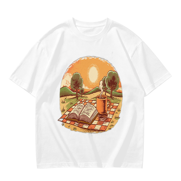 Olive T-Shirt with Sunset Picnic Book and Coffee Art