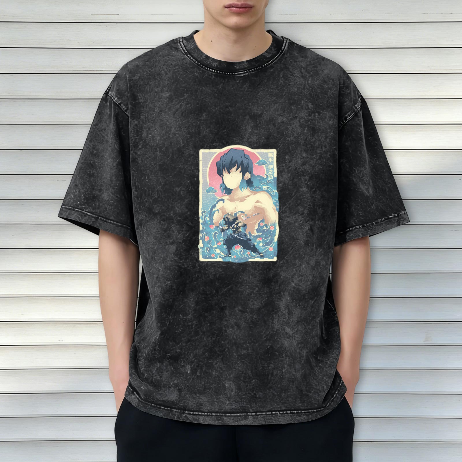 Oversized Acid Wash T-Shirt with Demon Slayer Inosuke Anime Graphic