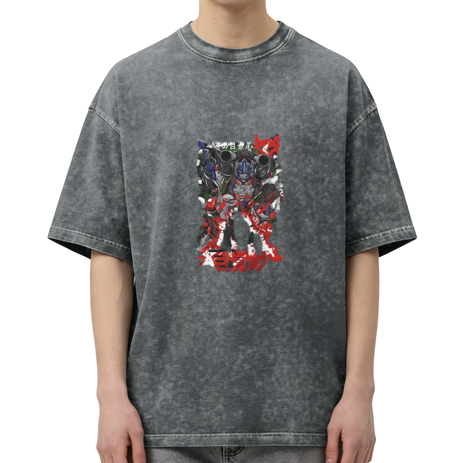 Washed Black Oversized T-Shirt with Anime Graphic Print