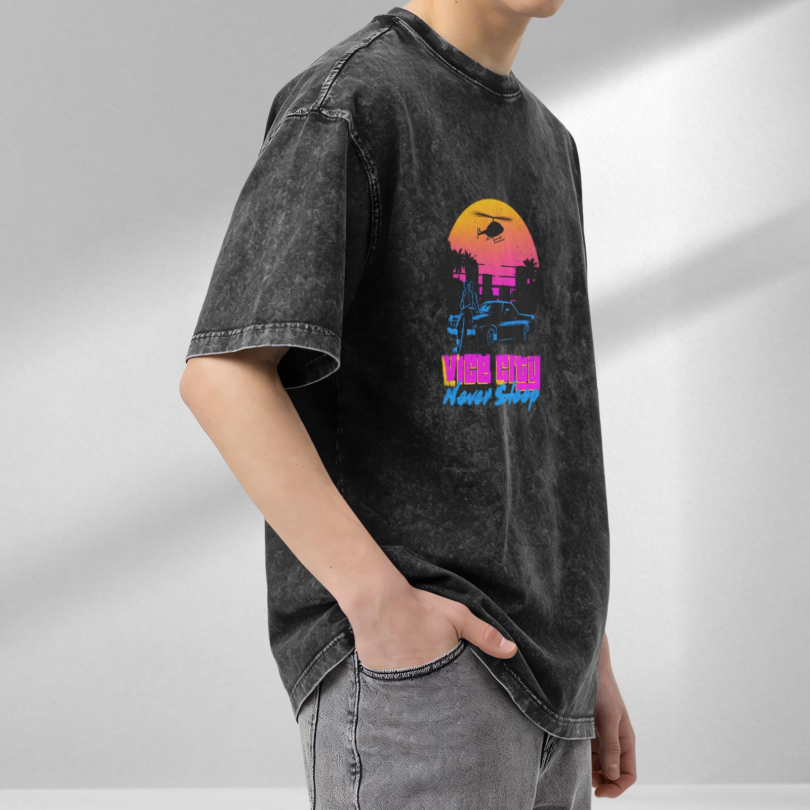Vice City Never Sleep Retro Graphic Acid Wash T-Shirt