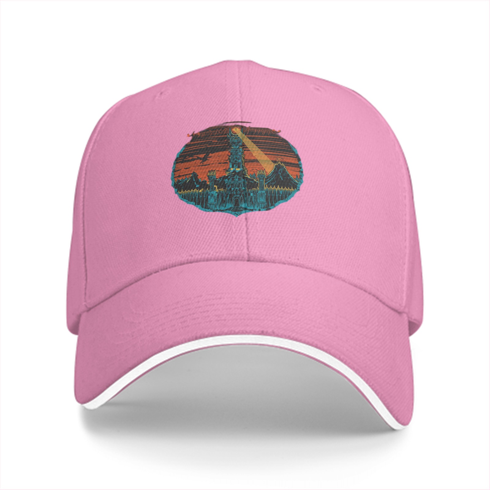 Black Baseball Cap with Fantasy Tower Landscape Graphic