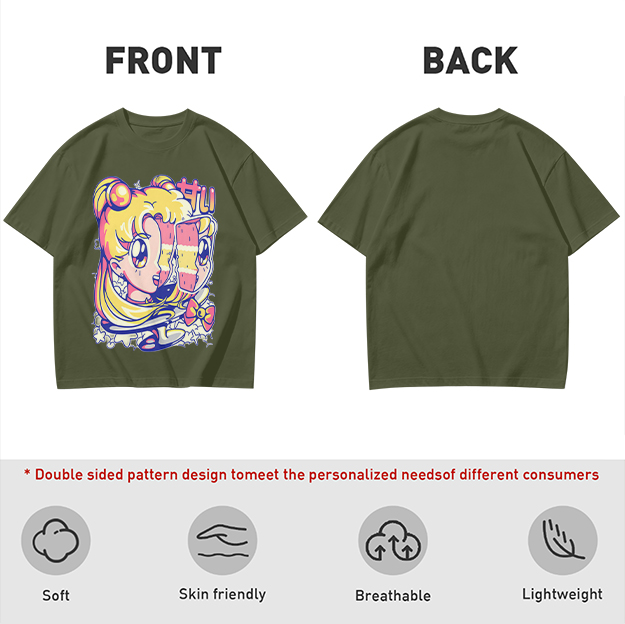 Olive T-Shirt With Glitch Anime Girl Graphic Print