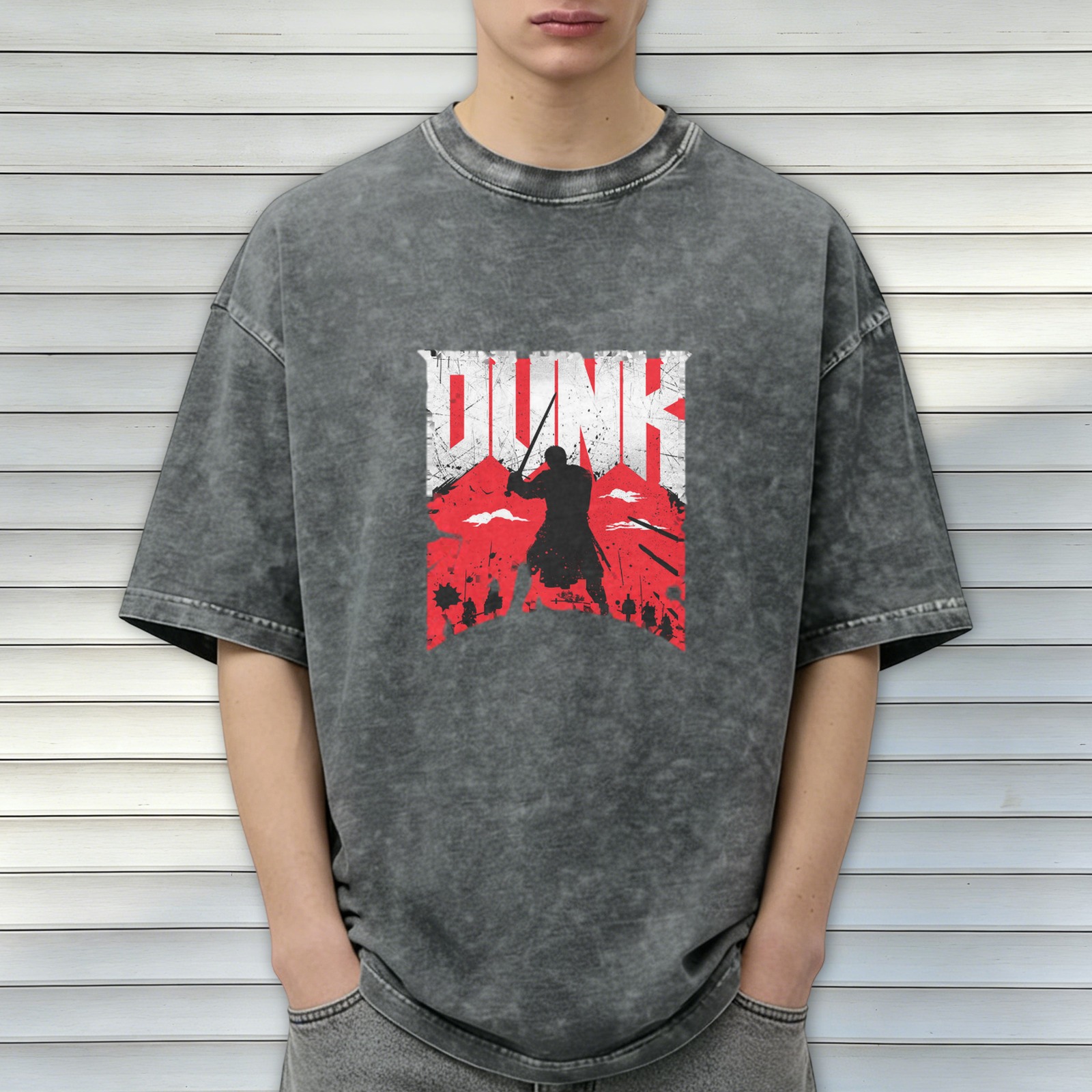 Oversized Dark Wash T-Shirt With Warrior Dunk Graphic Print