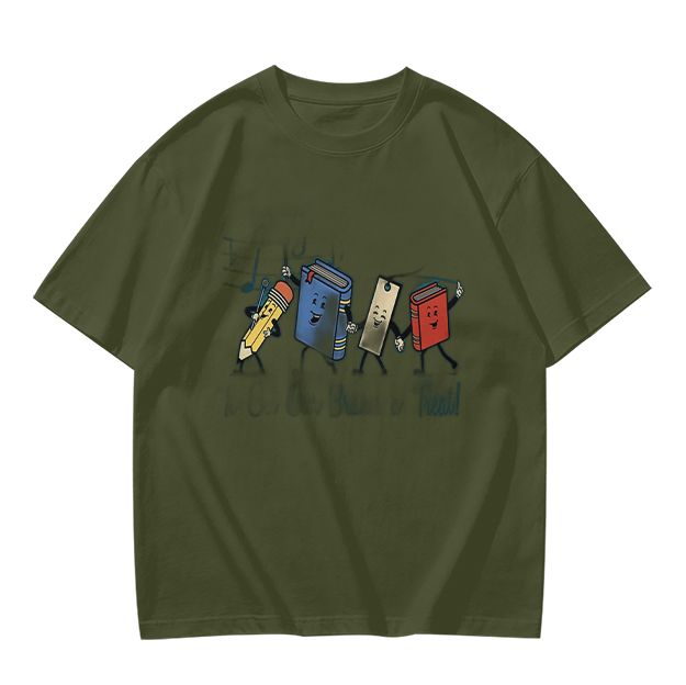 Olive Green T-Shirt with Cartoon School Supplies Graphic