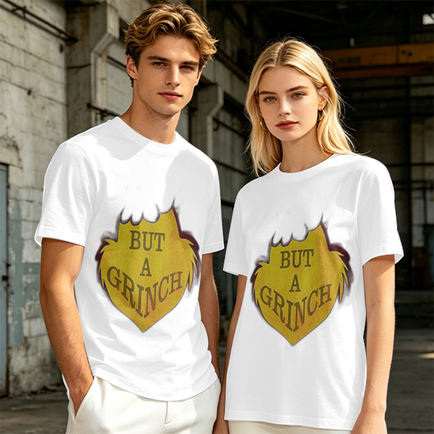 Olive green t-shirt with 'But A Grinch' graphic print