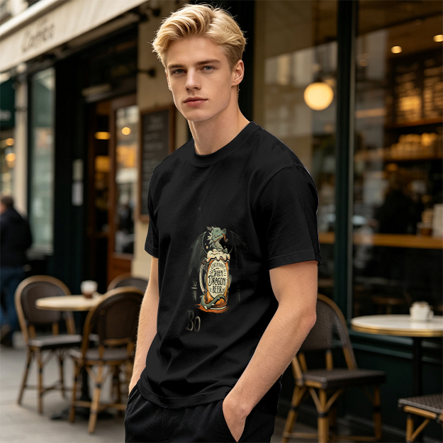 Olive Green T-Shirt with Dragon Beer Mug Graphic Print
