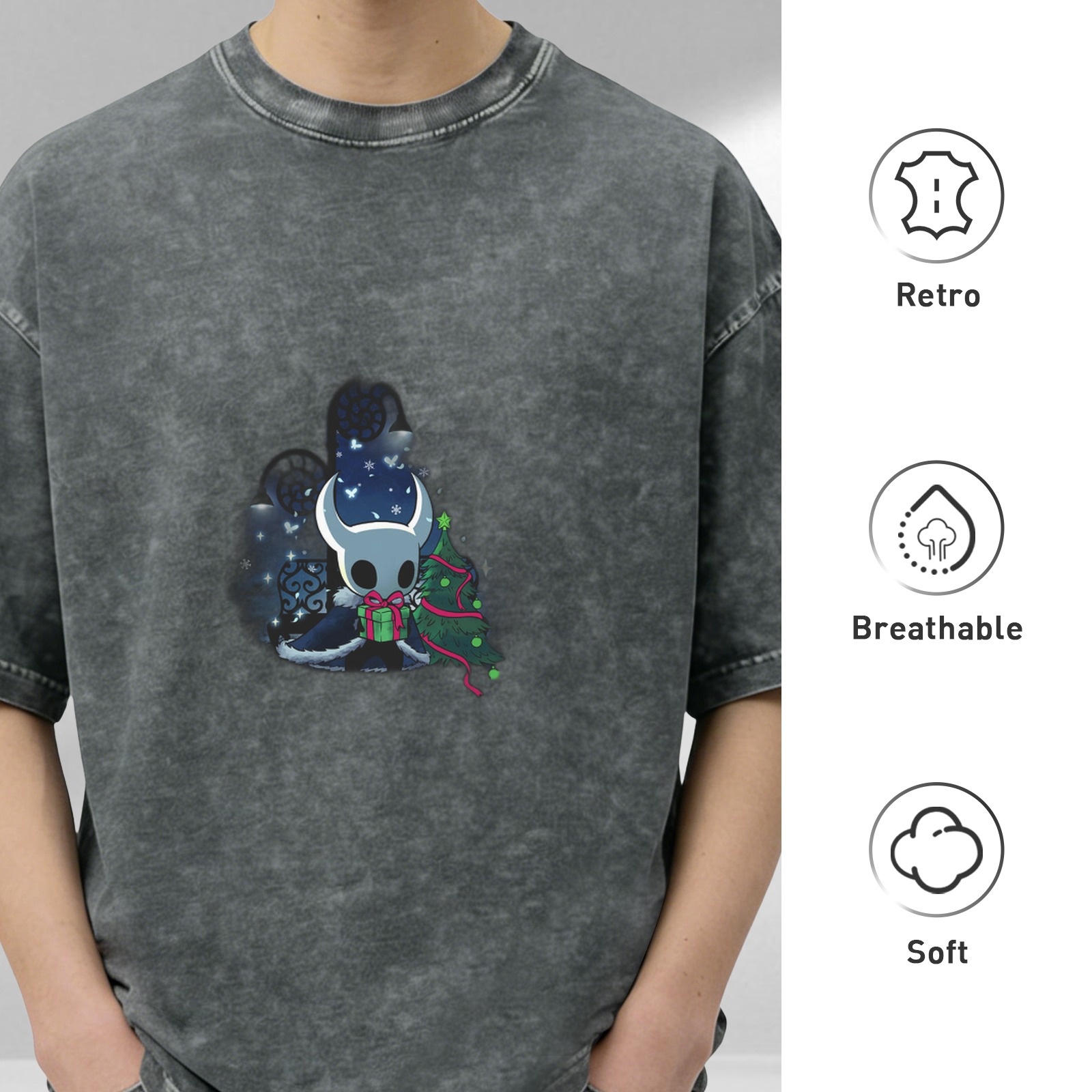 Hollow Knight Christmas Graphic Acid Wash Black T-Shirt