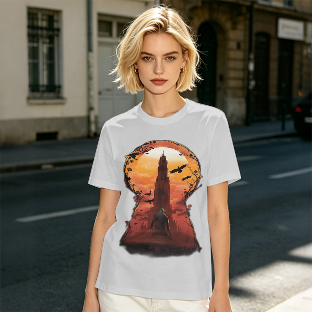 Olive T-Shirt with Keyhole Sunset Tower Art Print