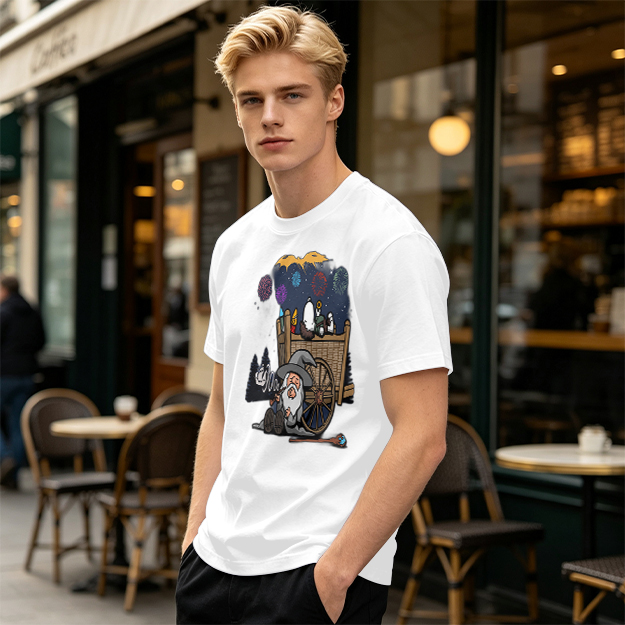 Olive T-Shirt with Wizard and Fireworks Cart Graphic