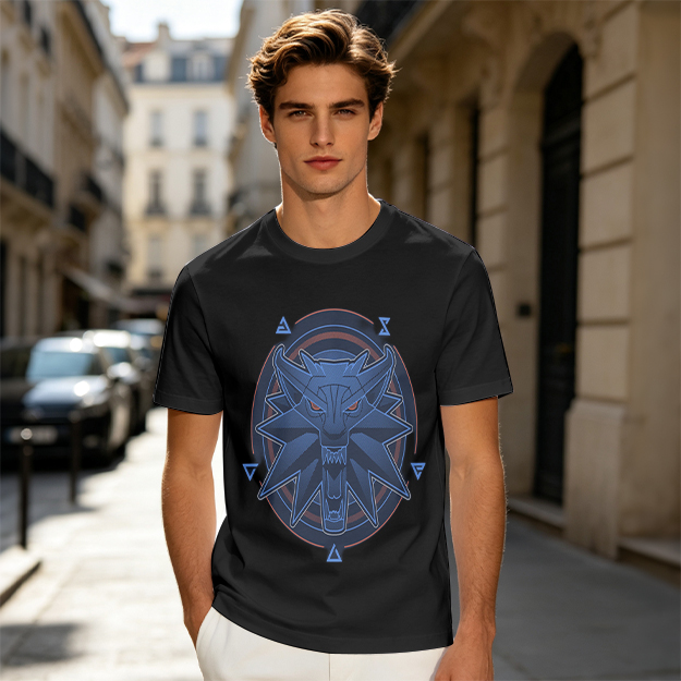 Olive T-Shirt With Witcher Wolf Medallion Graphic Print