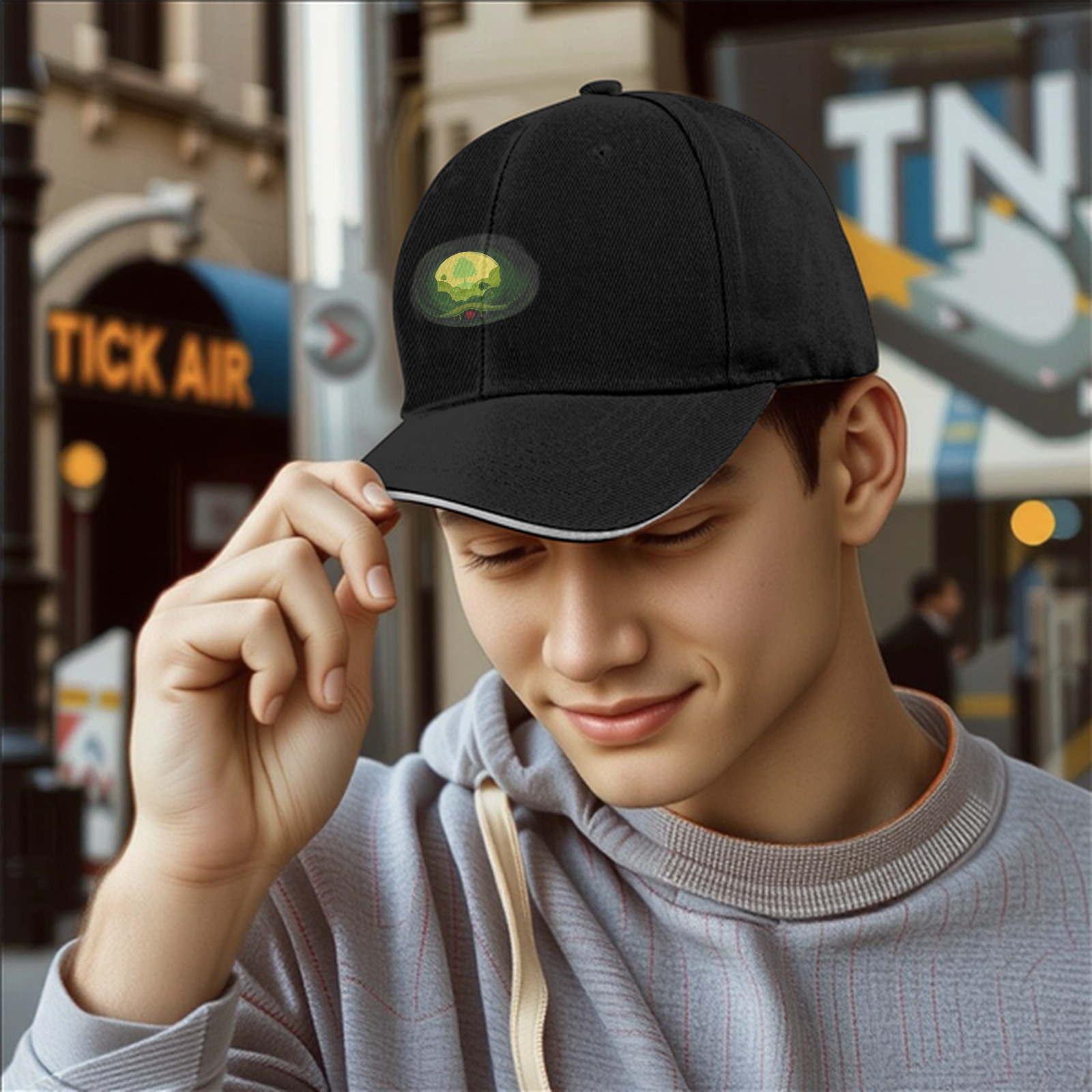 Black Baseball Cap With Nature Landscape Graphic Print