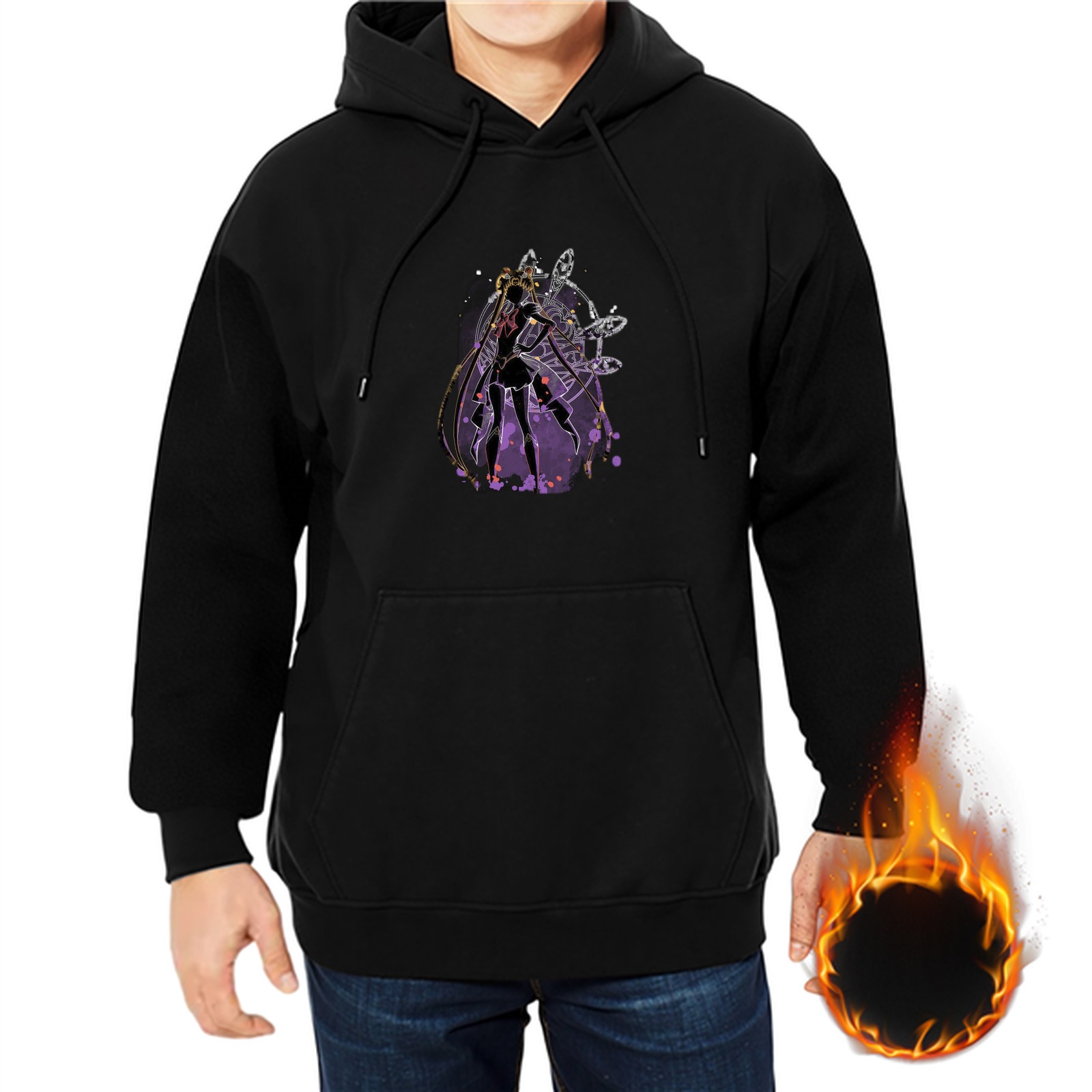 Black hoodie with anime magical girl silhouette graphic