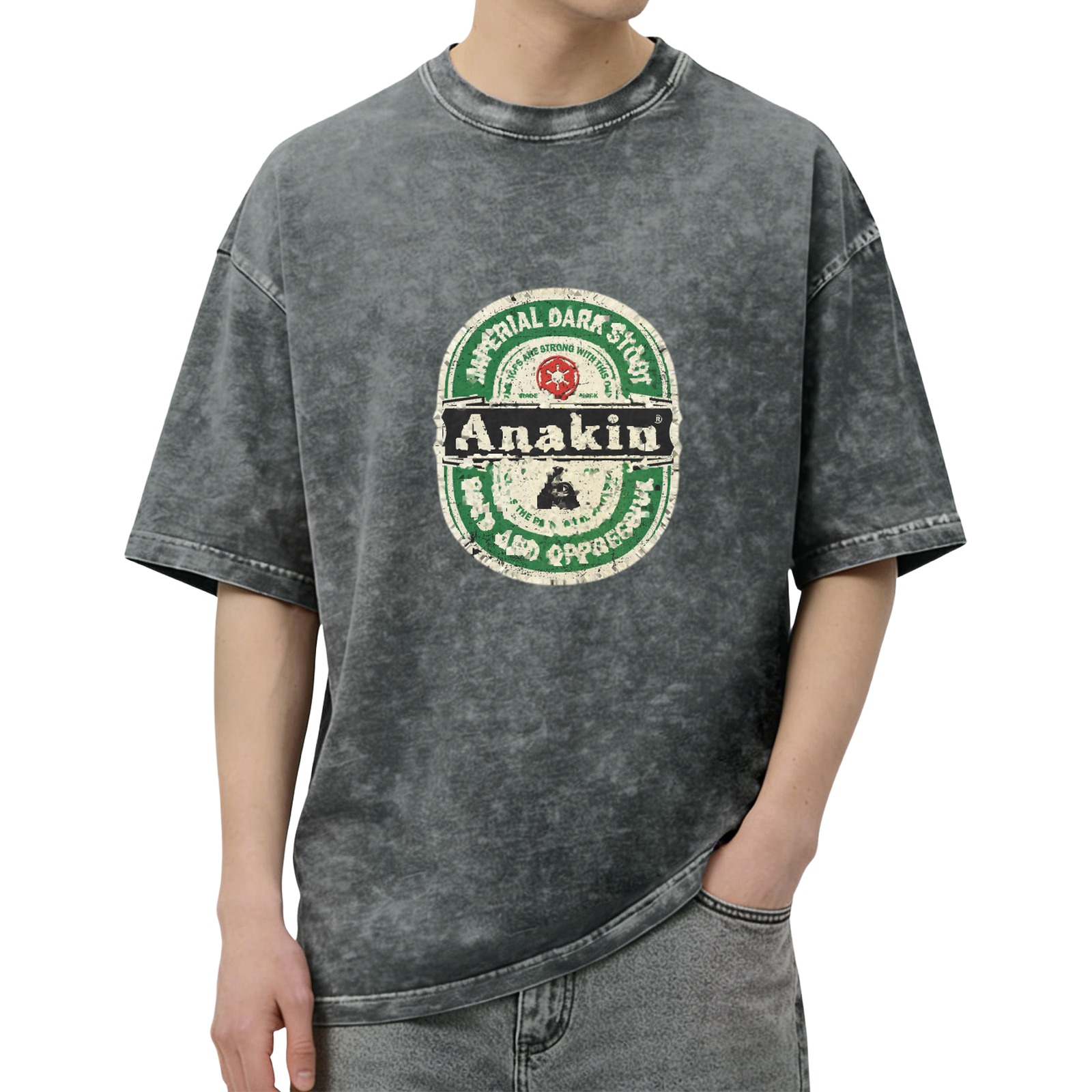 Distressed washed black Anakin themed printed short-sleeved T-shirt