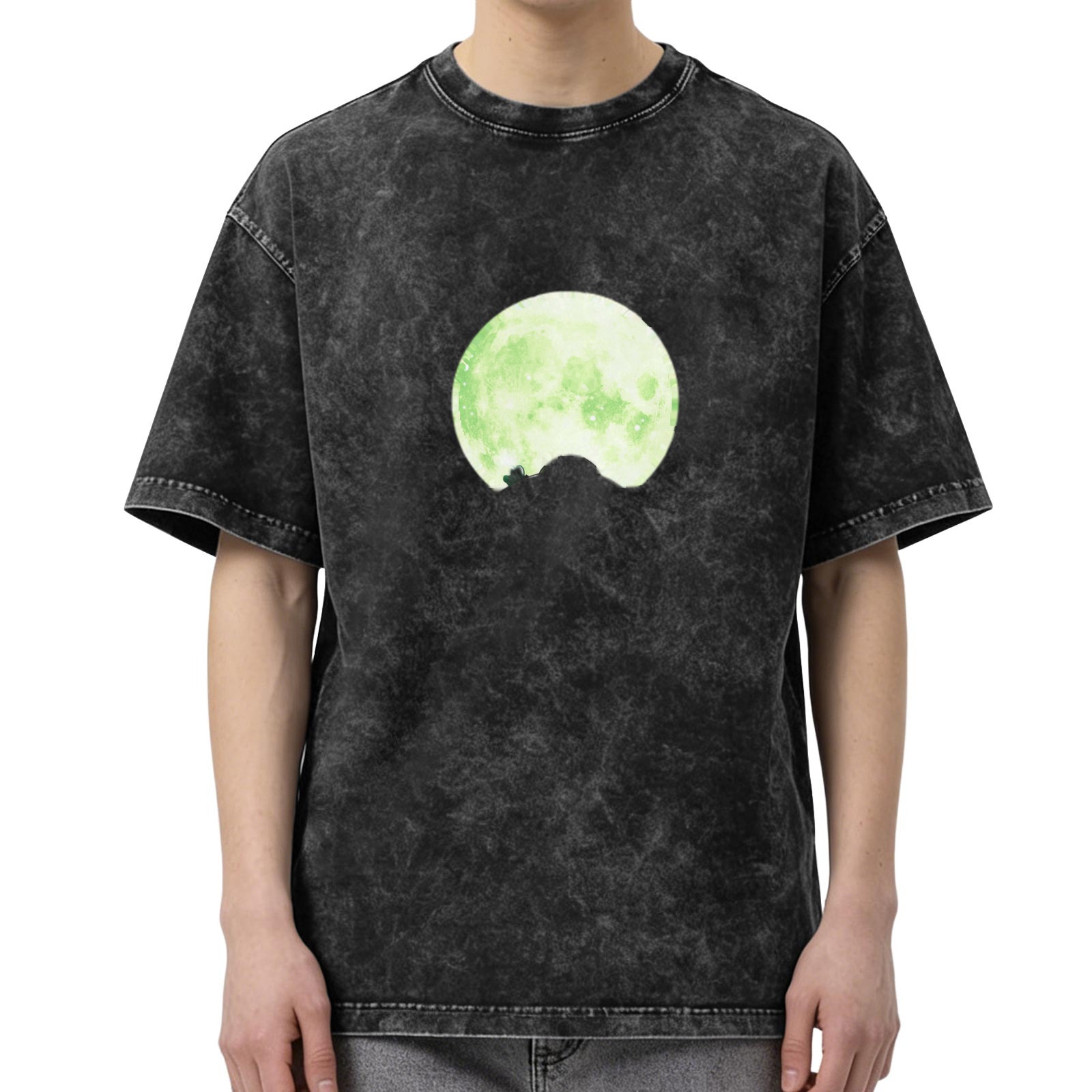 Oversized Acid Wash T-Shirt With Glowing Green Moon Print