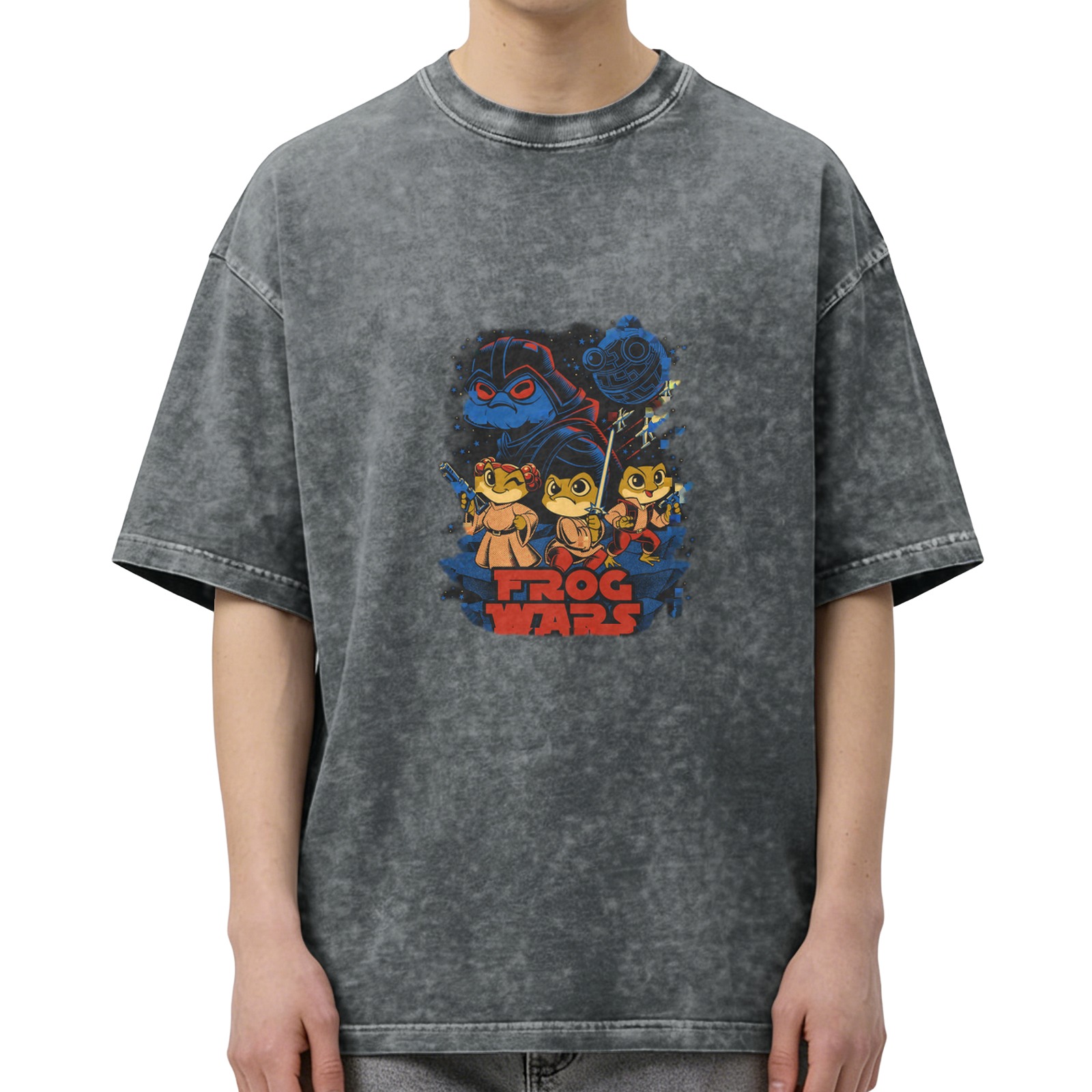 Frog Wars themed distressed short-sleeved T-shirt, casual and loose style