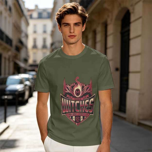 Olive Green T-Shirt With Witches Themed Graphic Print