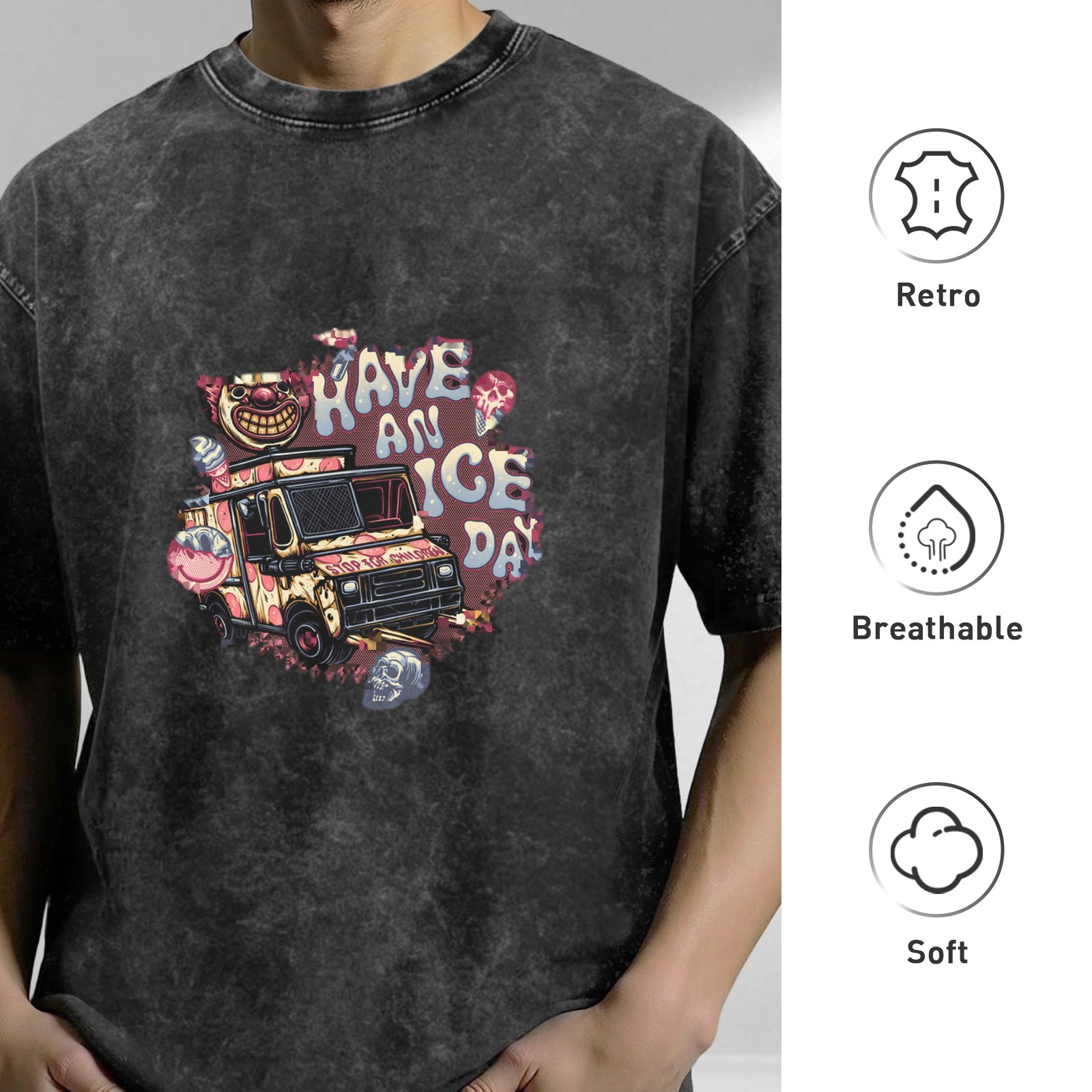 Oversized Acid Wash T-Shirt With Creepy Clown Ice Cream Truck Print