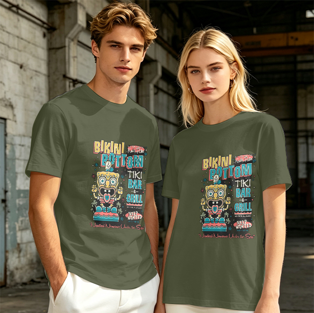 Olive T-Shirt with Bikini Bottom Tiki Bar Spongebob Graphic