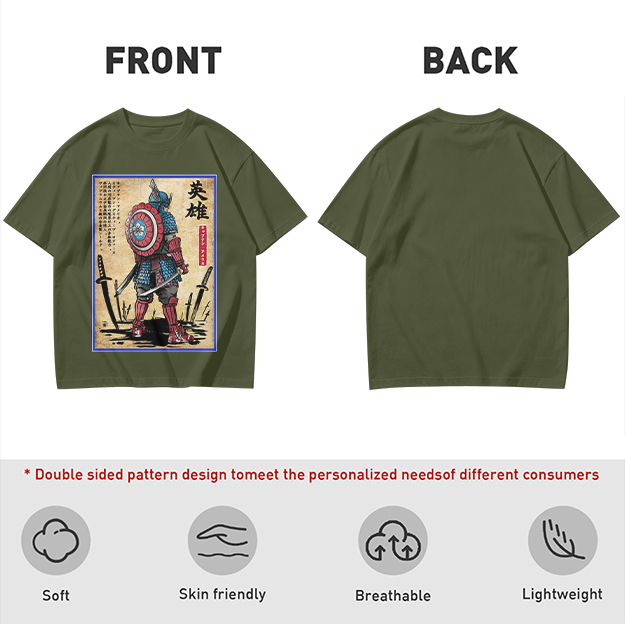 Olive T-shirt with Samurai Captain America Hero Art Print