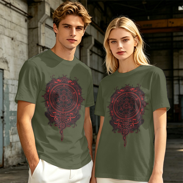 Olive T-Shirt With Red Occult Magic Circle Graphic