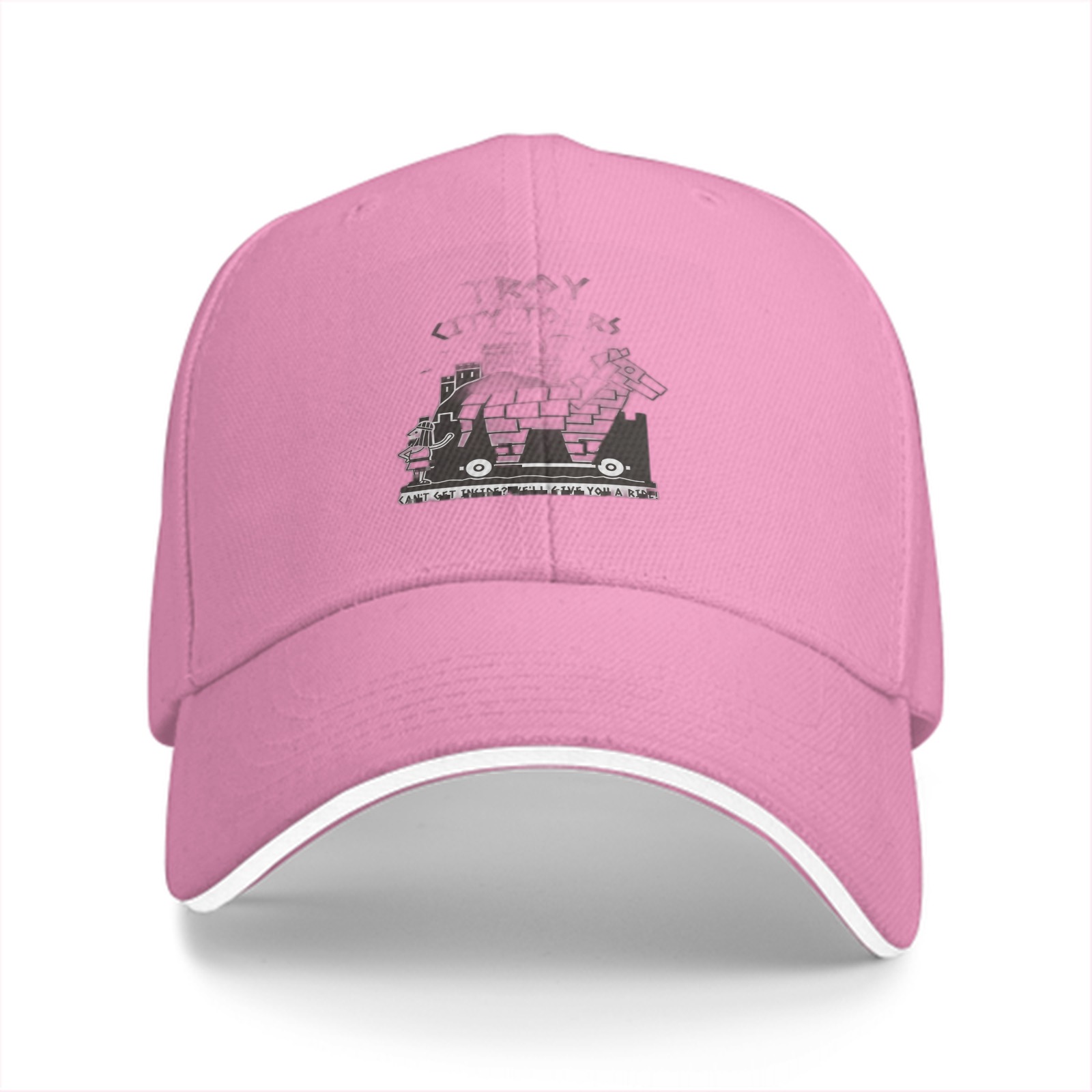Black baseball cap with monochrome graphic print on front