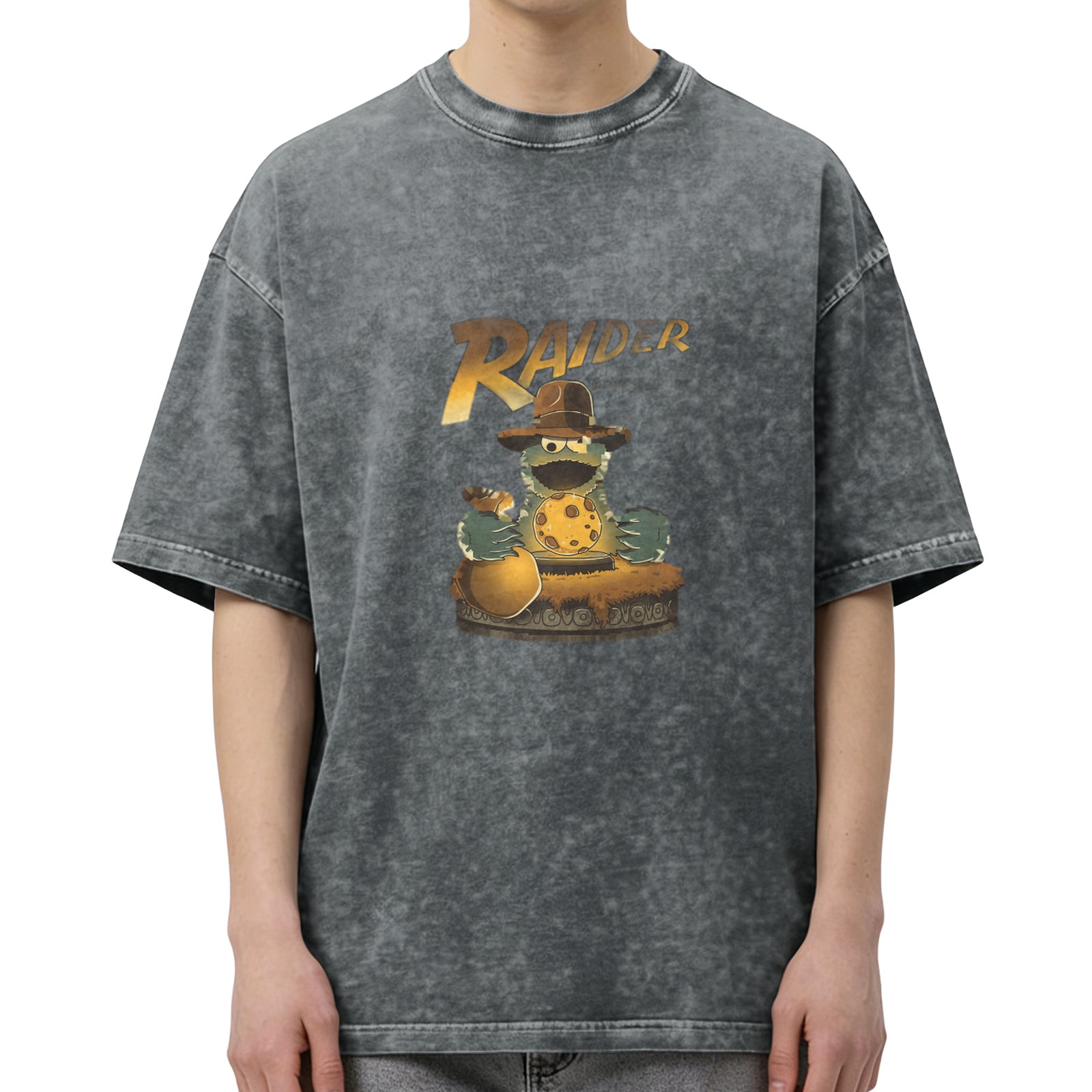 Washed black t-shirt with Cookie Monster Raiders graphic print