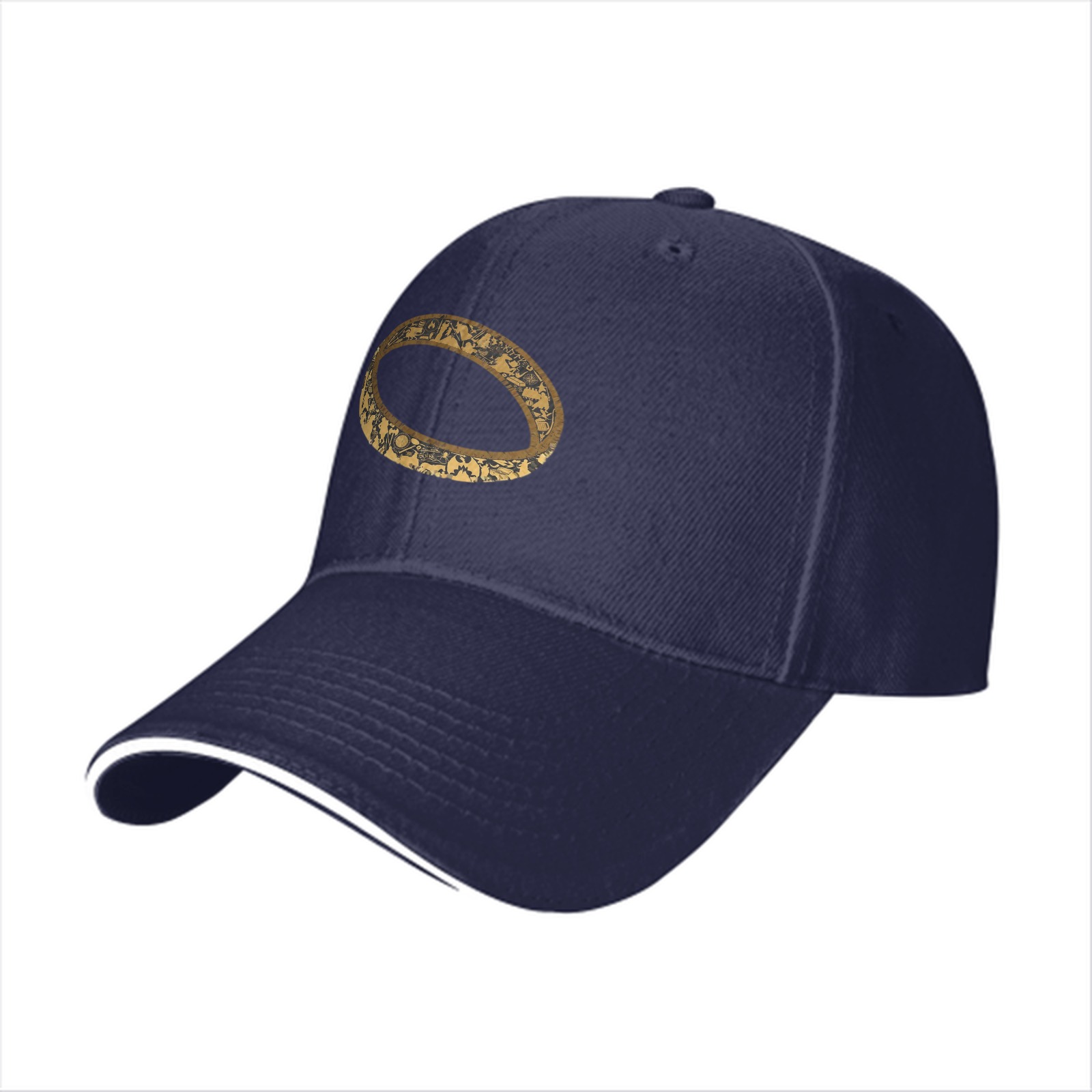 Black Baseball Cap with Distressed Gold Ring Graphic