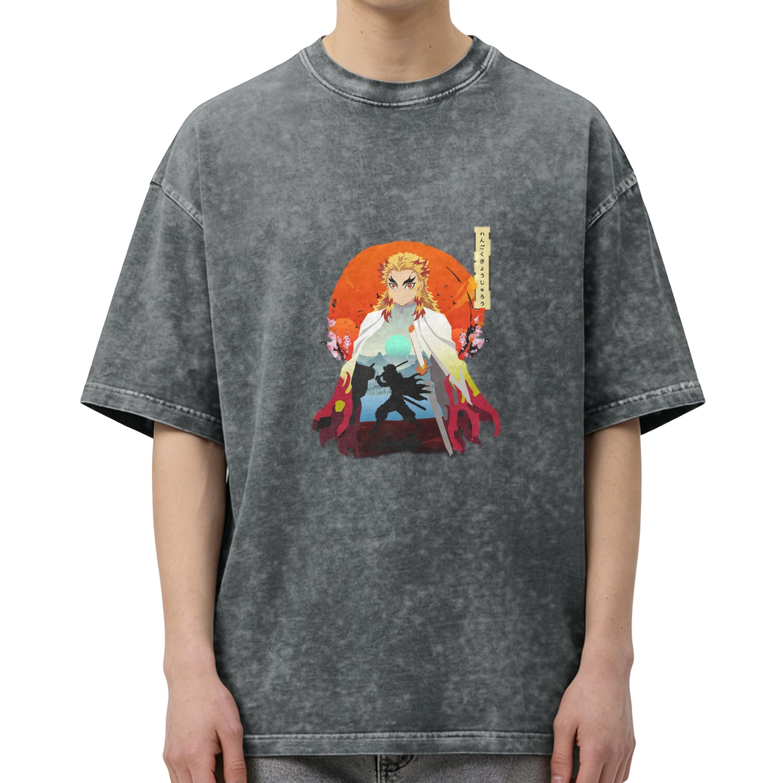Demon Slayer Rengoku Anime Graphic Oversized Acid Wash T-Shirt
